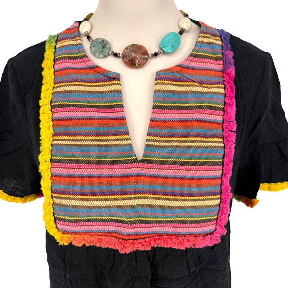 Entro Short Sleeve Top MEDIUM Fringe Trim Black Cotton V-Neck Boho Aztec Rainbow - Picture 4 of 14